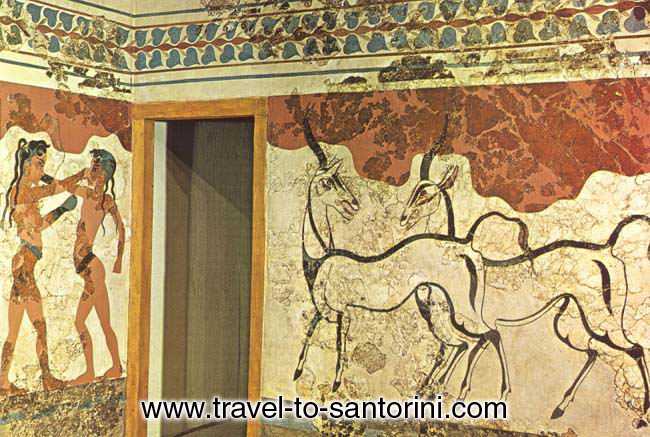 The boxing boys and the antelopes. Two of the fabulous wall paintings of Akrotiri Santorini.  