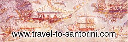 Wall painting of the ships - Santorini's earliest sailors from the 1700's BC are beautifully immortalized
in the colorful Akrotiri wall paintings depicting these Minoan voyagers. 
