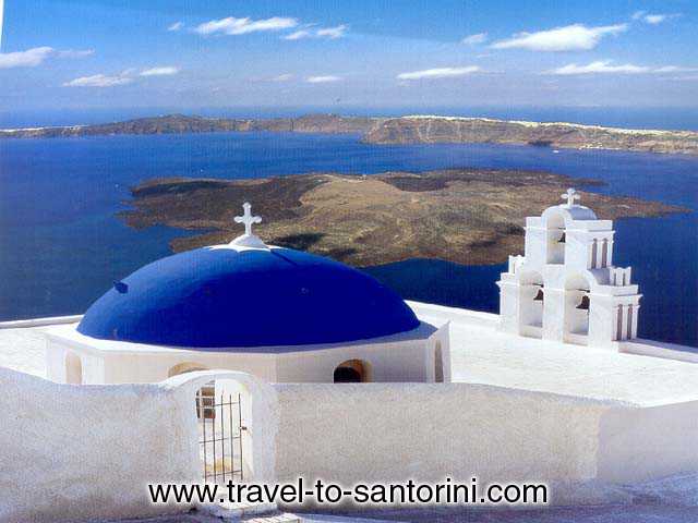 CALDERA VIEW - Jetting out from the deep blue sea its volcanic sheer cliffs topped with gleaming white village homes and churches, resemble snowcapped mountains. The thunderous fury of nature left its mark on the island, the home of Greece 's last active volcano.