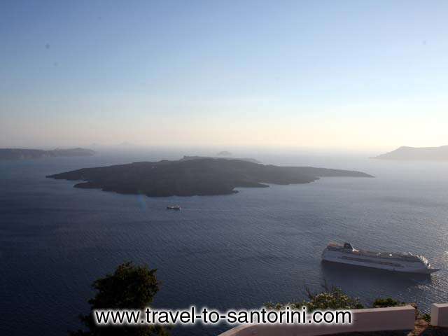 VOLCANO VIEW - View of Nea Kammeni island (the volcano) from Nomikos Foundation building in Fira