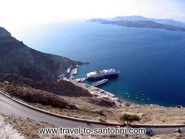 VIEW FROM ABOVE - View of Athinios port from the road that zig-zags up the caldera to Santorini