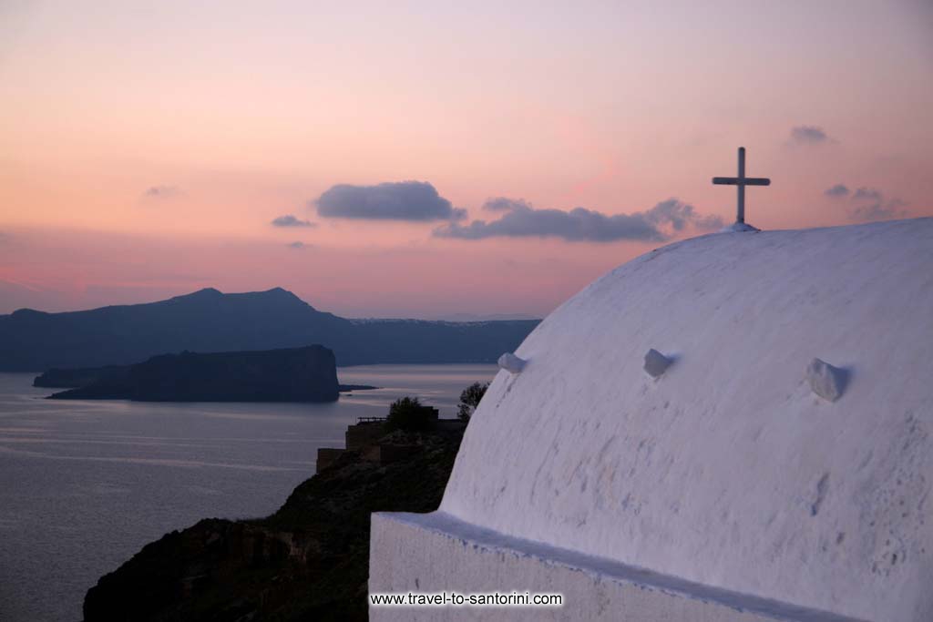 Taxiarchis church - View of Palia Kameni and Thirassia from Taxiarchis church in Megalochori Santorini by Ioannis Matrozos